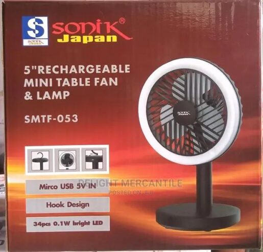 Sonik 5″ rechargeable table top fan with LED light